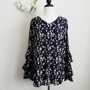 Navy Floral Tiered Ruffle Sleeve Blouse